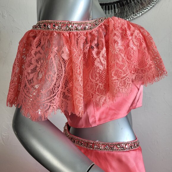 NWT~$495~2CUTE~6/8~CORAL 2 PIECE CROP TOP RHINESTONE BEADED MAXI PROM DRESS - Picture 12 of 16